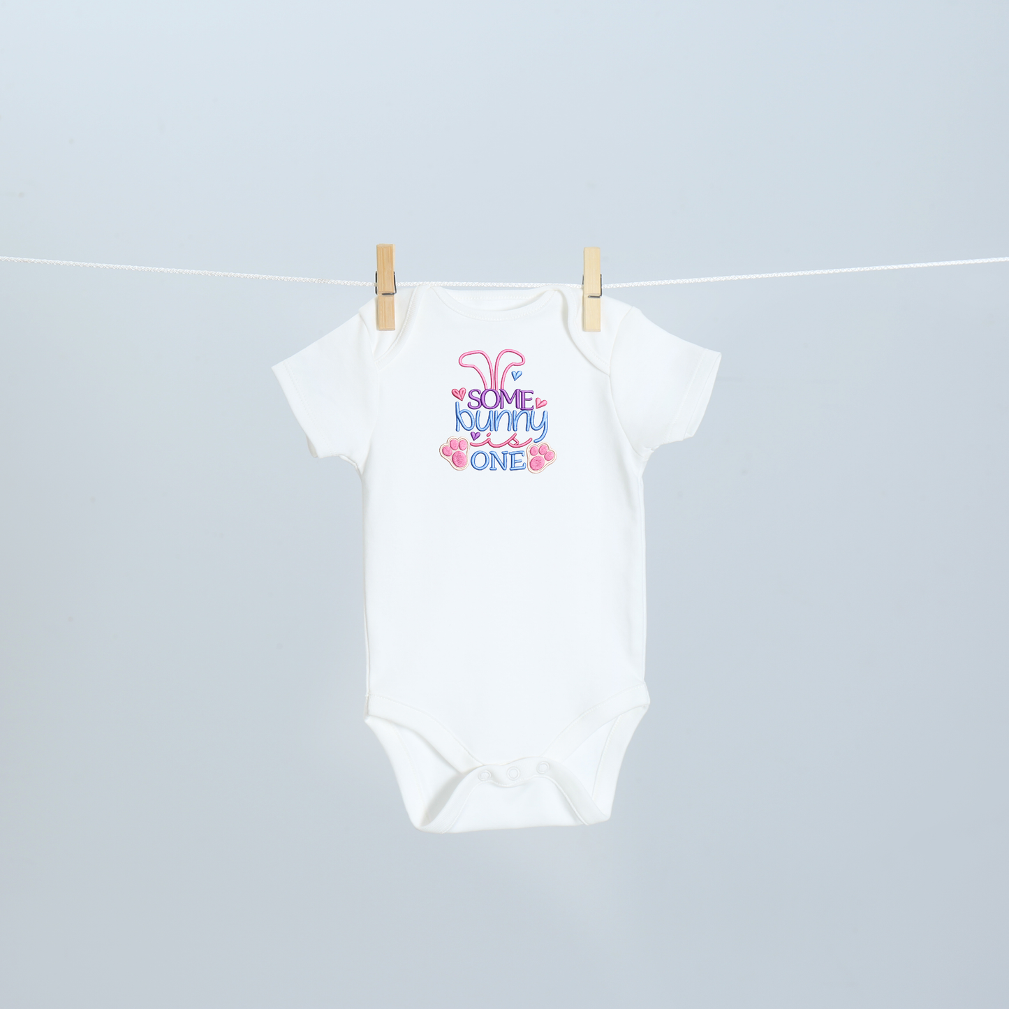 Some Bunny Is One Embroidered First Birthday Bodysuit