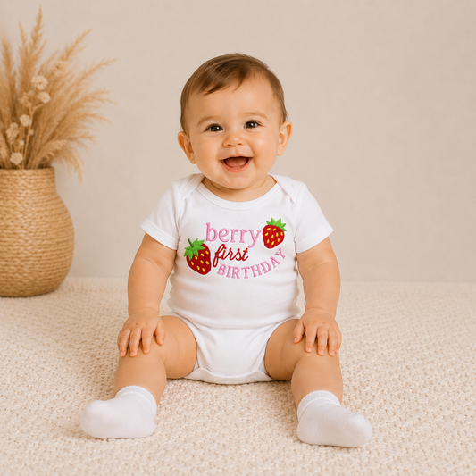 Berry First Birthday Embroidered Baby Onesie | Strawberry First Birthday Outfit | Baby Girl 1st Birthday Shirt | Cake Smash Outfit
