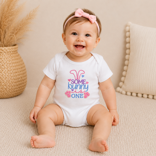 Some Bunny Is One Embroidered First Birthday Bodysuit