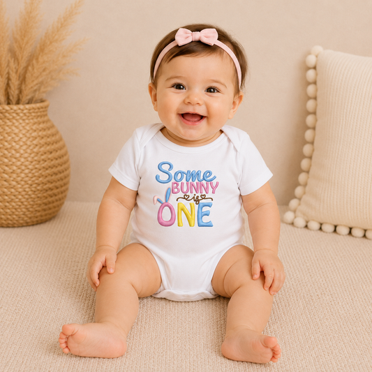 Some Bunny Is One Embroidered First Birthday Bodysuit