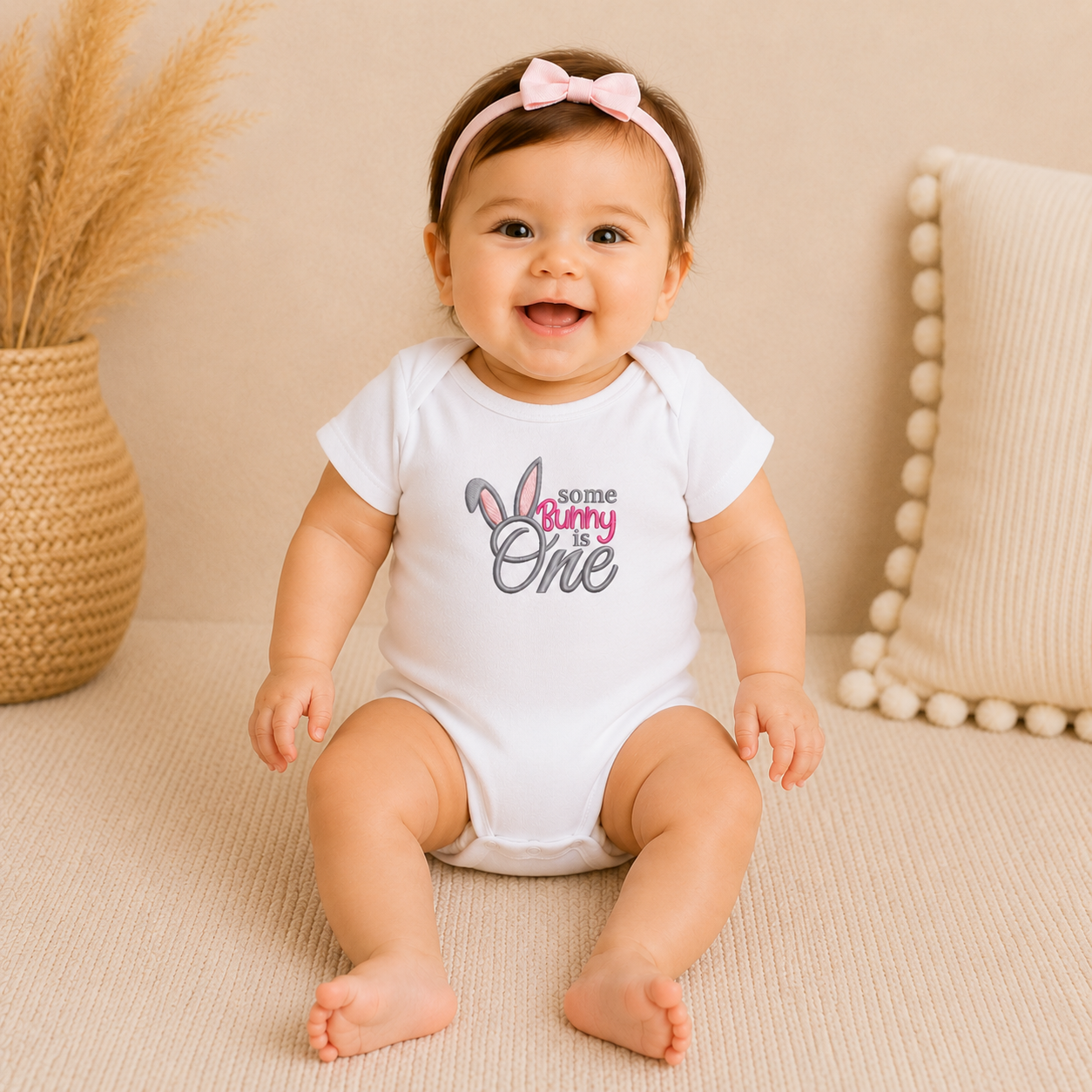Some Bunny Is One Embroidered First Birthday Bodysuit