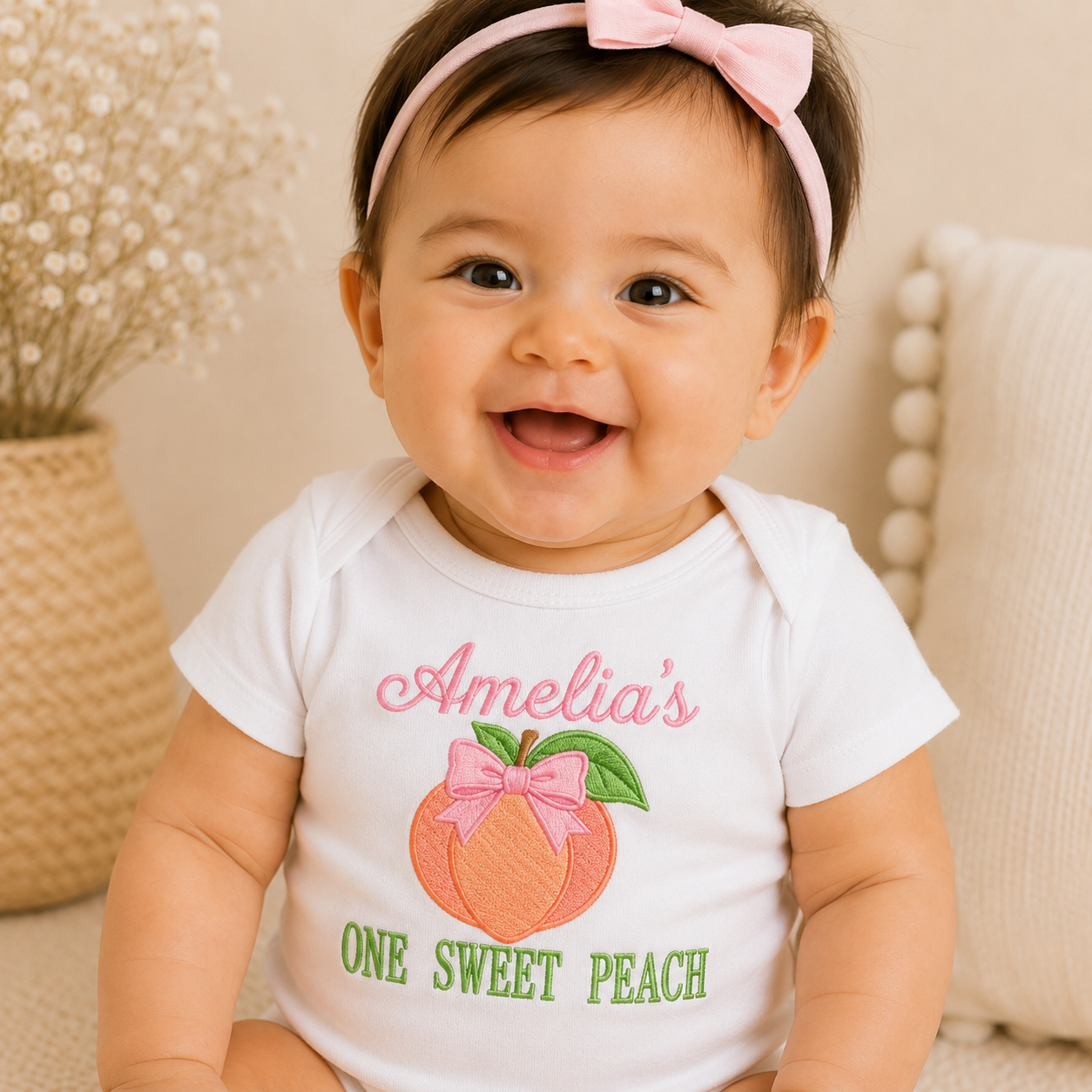 Personalized One Sweet Peach Birthday Onesie | Custom Peach First Birthday Outfit | Baby Girl 1st Birthday Bodysuit