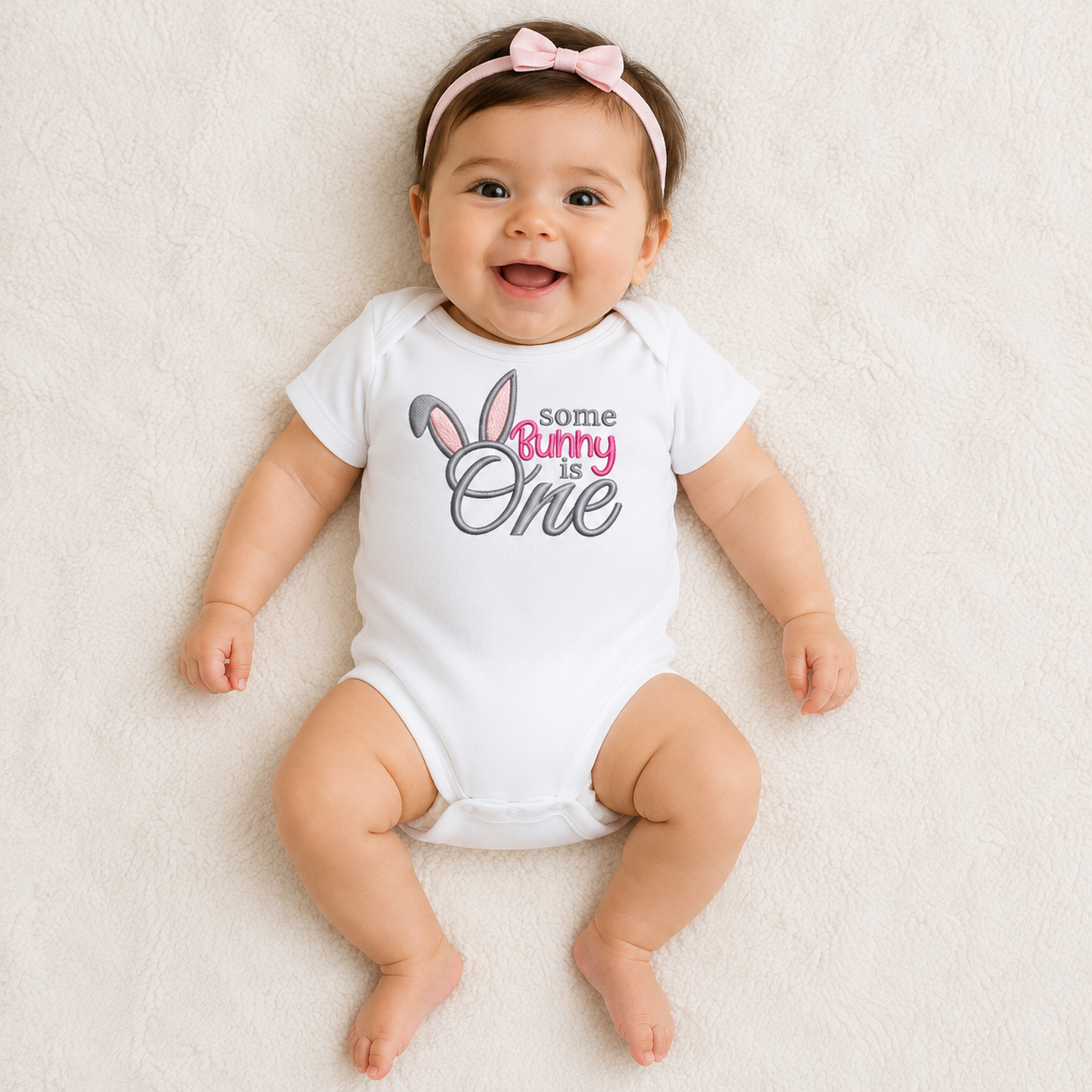 Some Bunny Is One Embroidered First Birthday Bodysuit