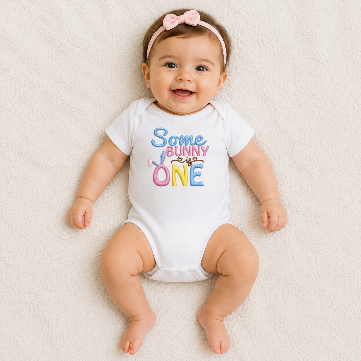 Some Bunny Is One Embroidered First Birthday Bodysuit