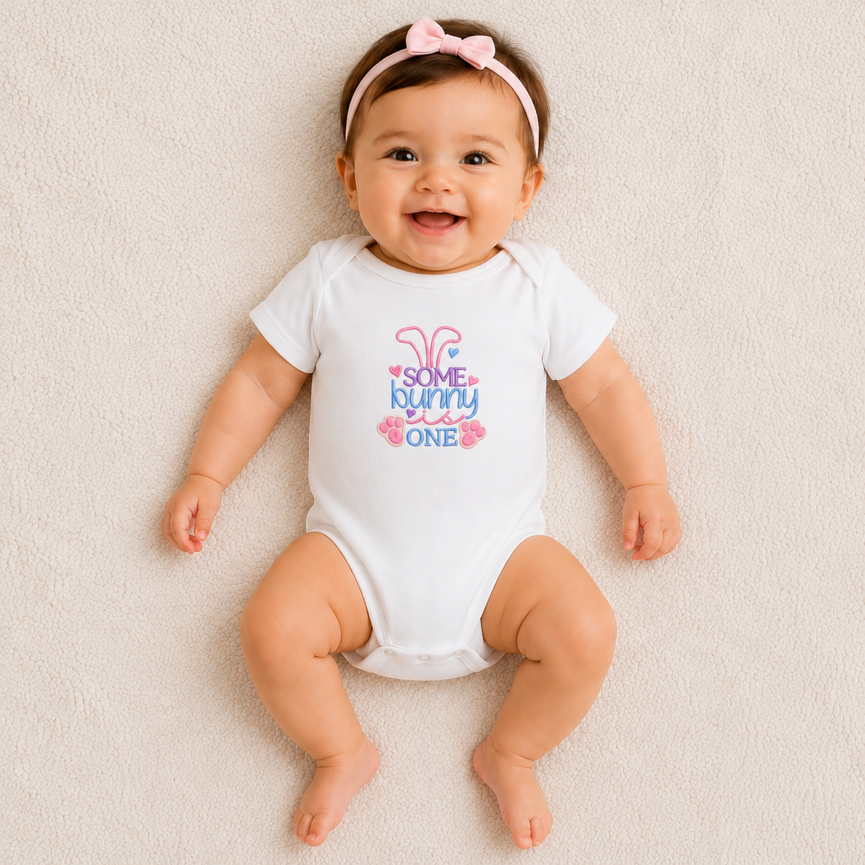 Some Bunny Is One Embroidered First Birthday Bodysuit