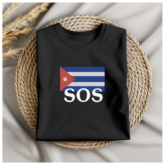 Short Sleeve T-Shirt Embroidery Cuban Flag "SOS"