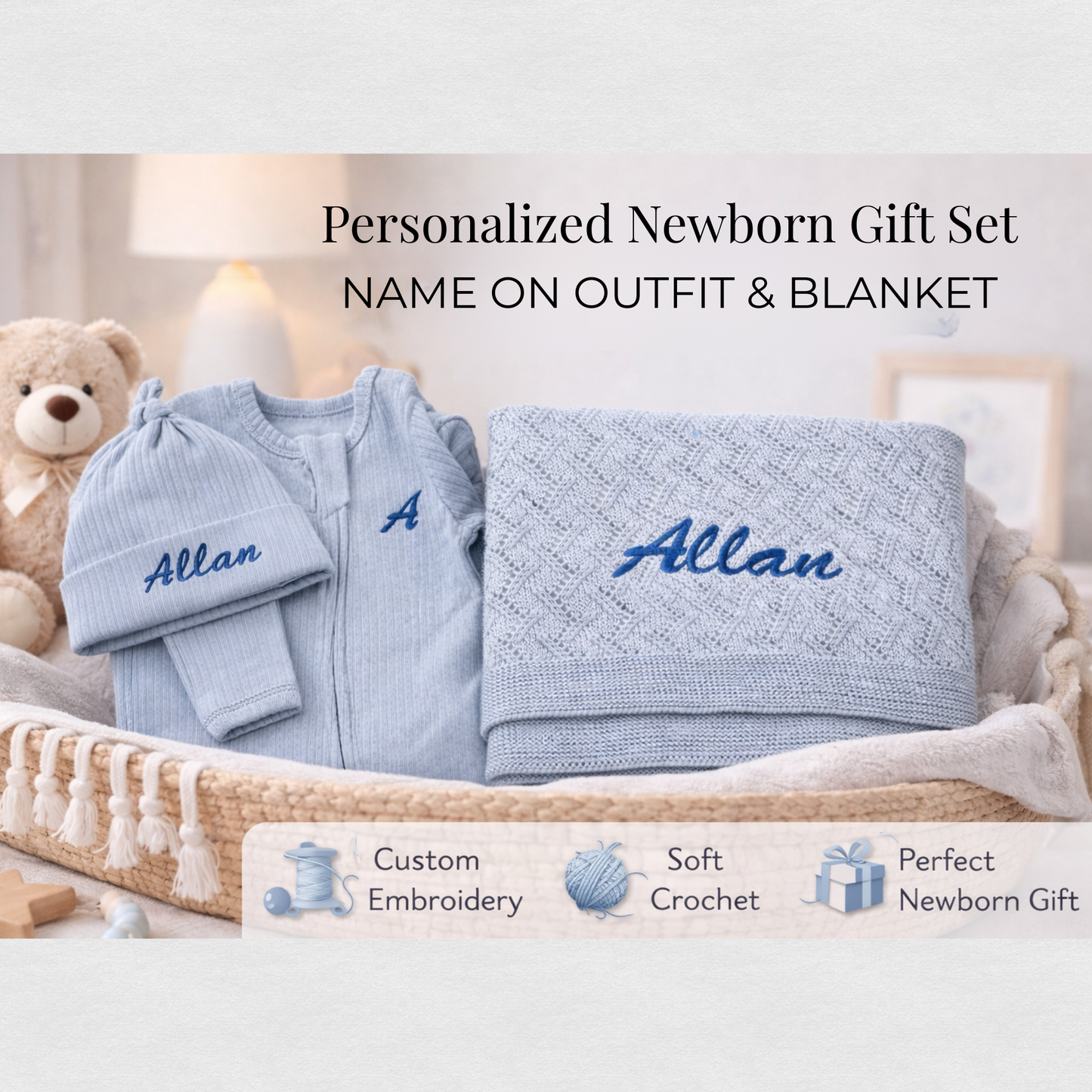 Newborn Name Gift Set – Custom Baby Outfit + Blanket